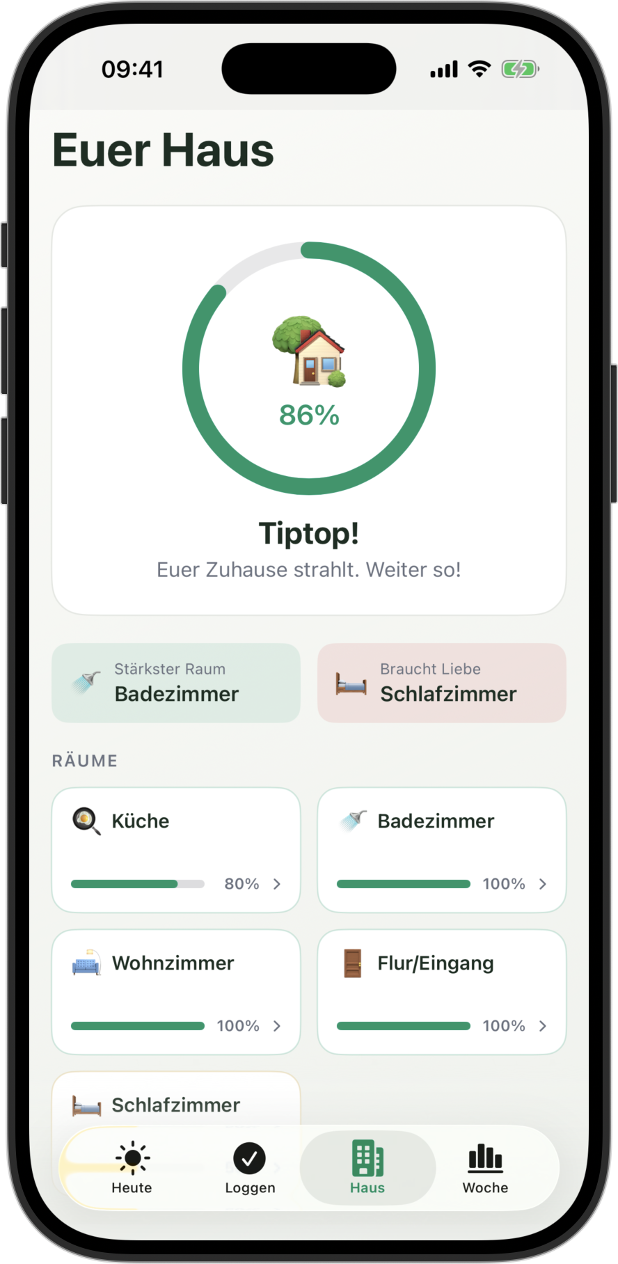 iPhone-Screenshot der FairHome-App: Haus-Ansicht mit Räumen und Fortschritt
